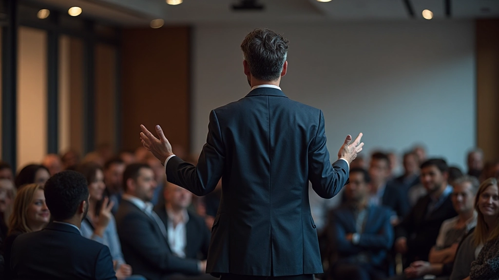 Profesional empresario en presentación de conferencia con audiencia enganchada en primer plano