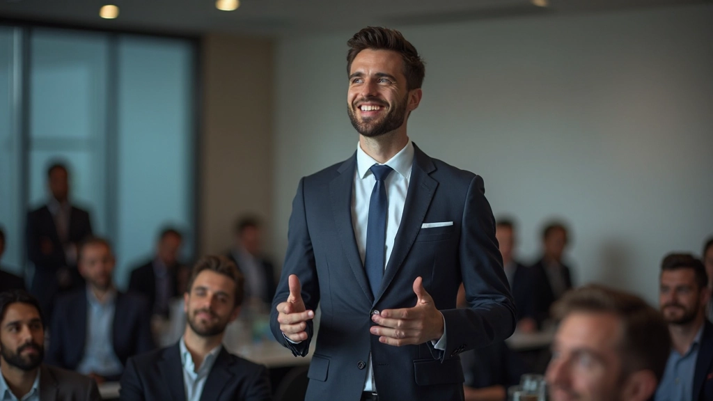 Orador confiado presentando ante audiencia receptiva en sala de conferencias moderna, con sonrisa genuina