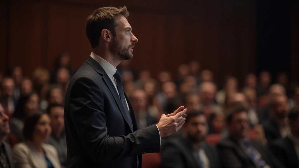 Orador experimentado haciendo contacto visual con la audiencia durante una presentación en auditorio