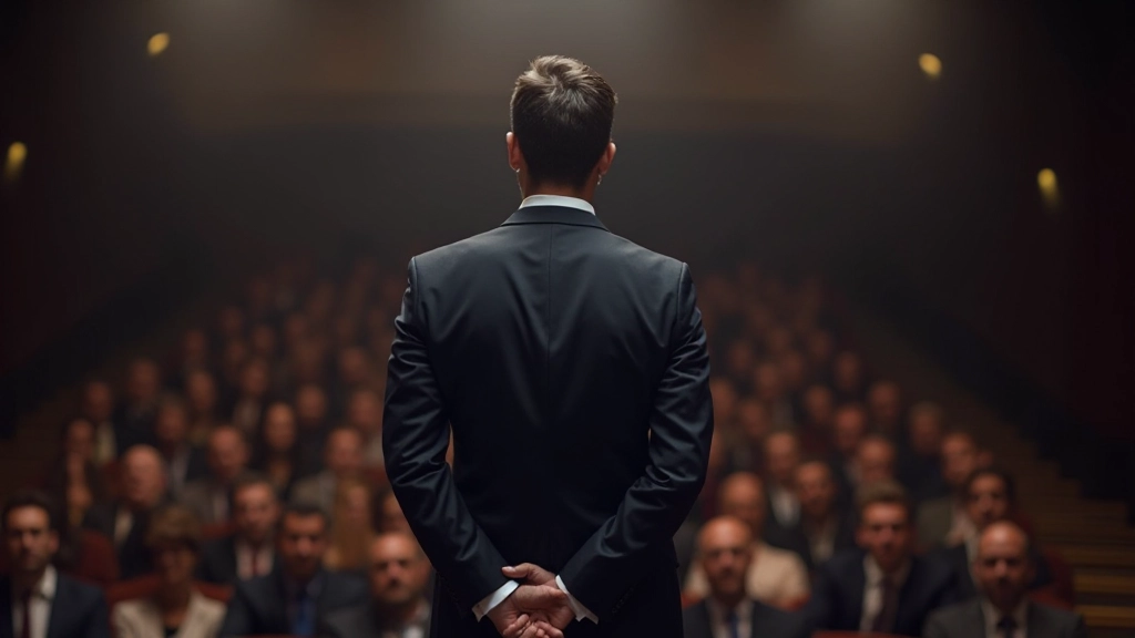 Orador profesional en escenario dirigiéndose a una audiencia numerosa con confianza y gestos naturales