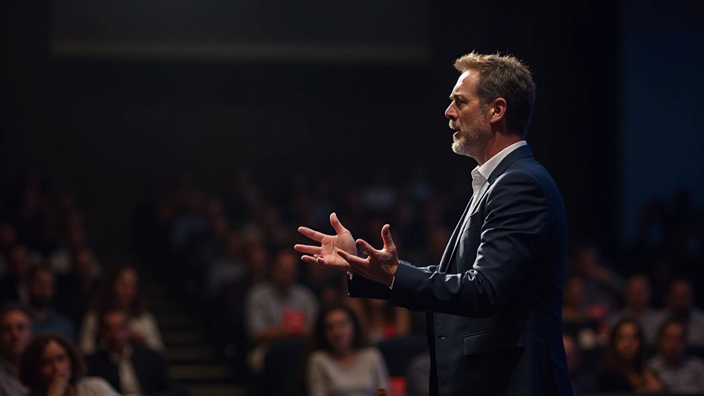 Orador en el escenario hablando con gestos expresivos, mostrando conexión genuina con la audiencia