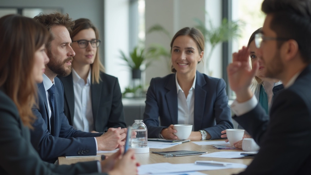 Grupo pequeño de personas escuchando a un presentador en reunión de oficina, tomando notas y observando atentamente