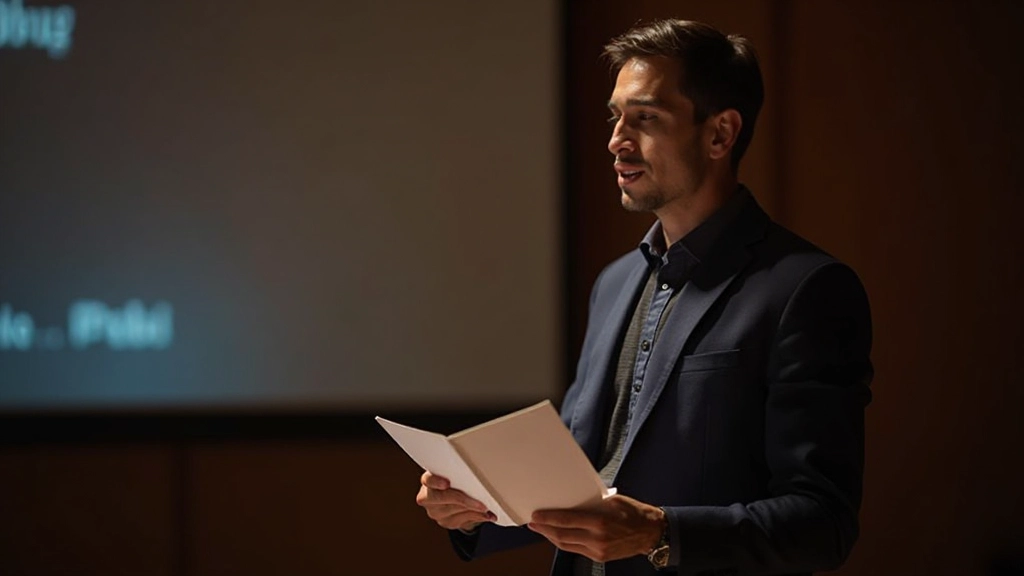 Persona nerviosa antes de hablar, sosteniendo notas en las manos mientras espera en bastidores