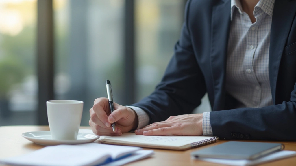 Persona escribiendo notas de presentación en un cuaderno en una oficina luminosa