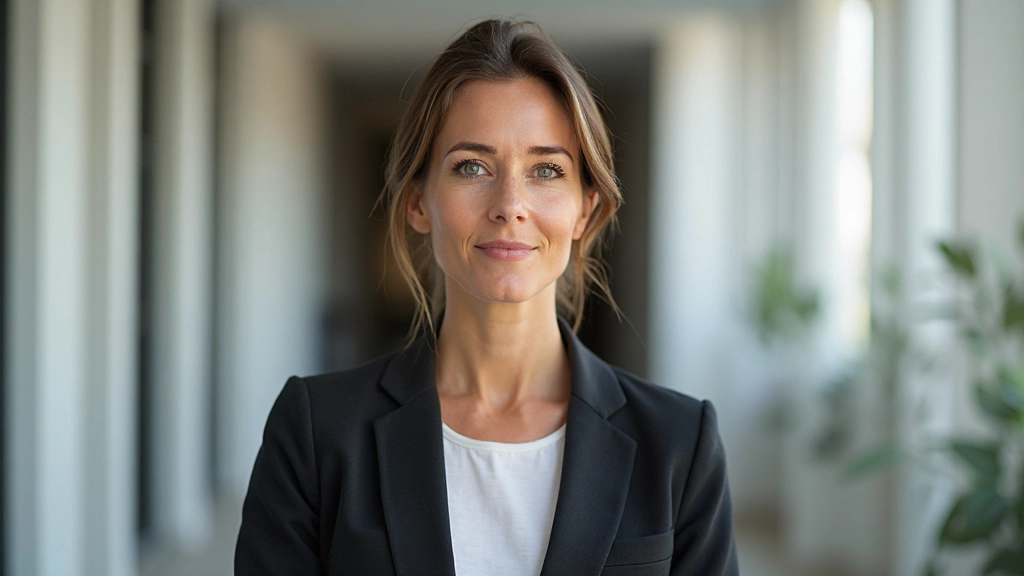 Profesional haciendo contacto visual directo, confianza visible en la postura y expresión facial