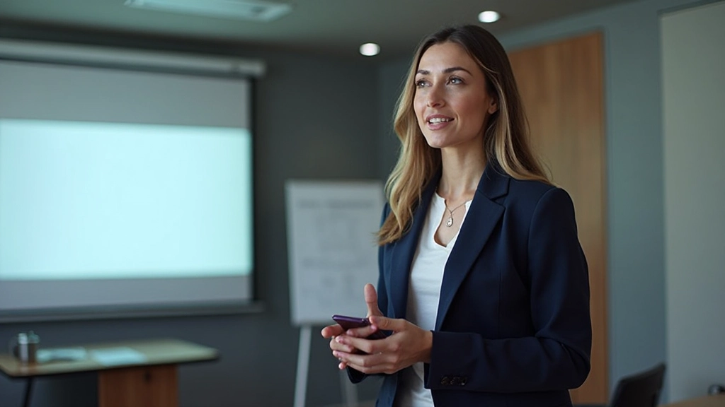Mujer profesional dando una presentación en una sala de conferencias moderna con pantalla de proyección al fondo